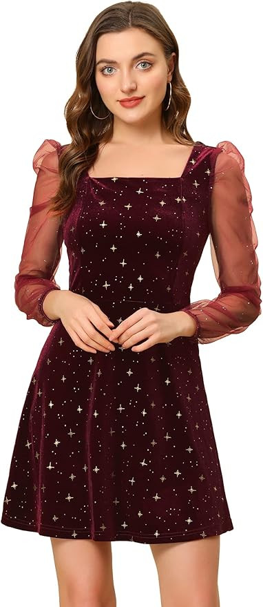 Allegra K Women's Sparkly Glitter Velvet Mesh Sheer Sleeve Star Metallic Dress | Amazon (US)