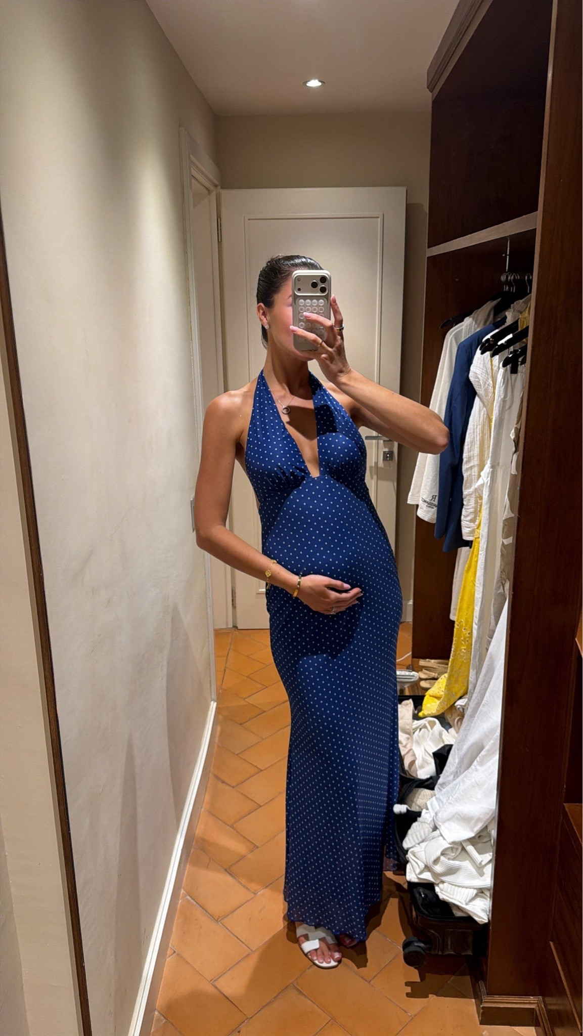 Blue & white polka dot maxi dress. Comfortable and flattering, even with a bump!

#LTKootd