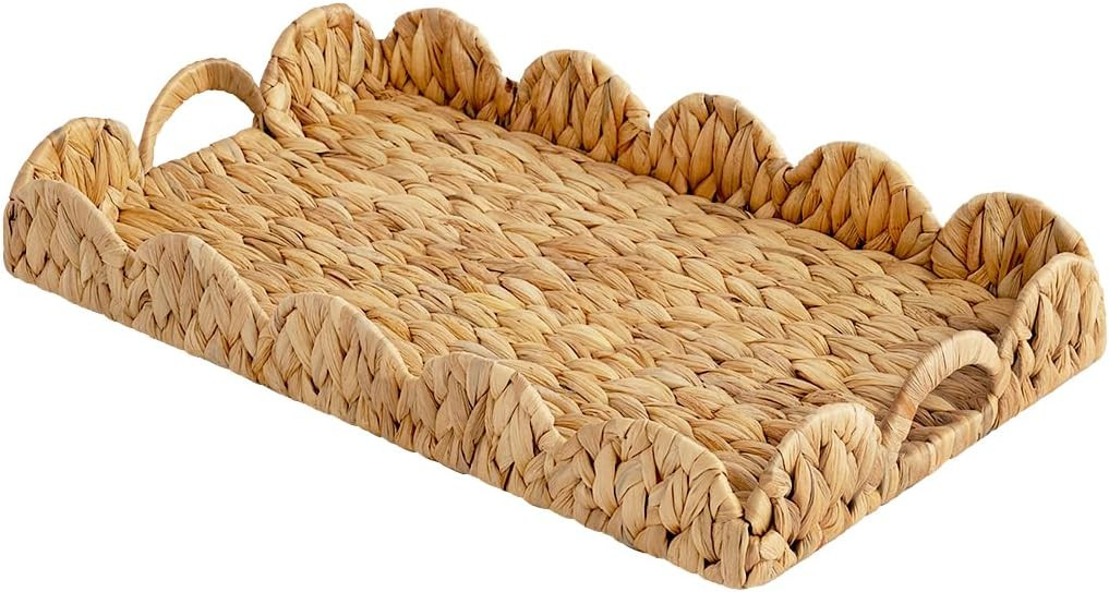 StorageWorks Rectangle Wicker Scalloped Tray, Rattan Serving Trays with Handles, Water Hyacinth B... | Amazon (US)
