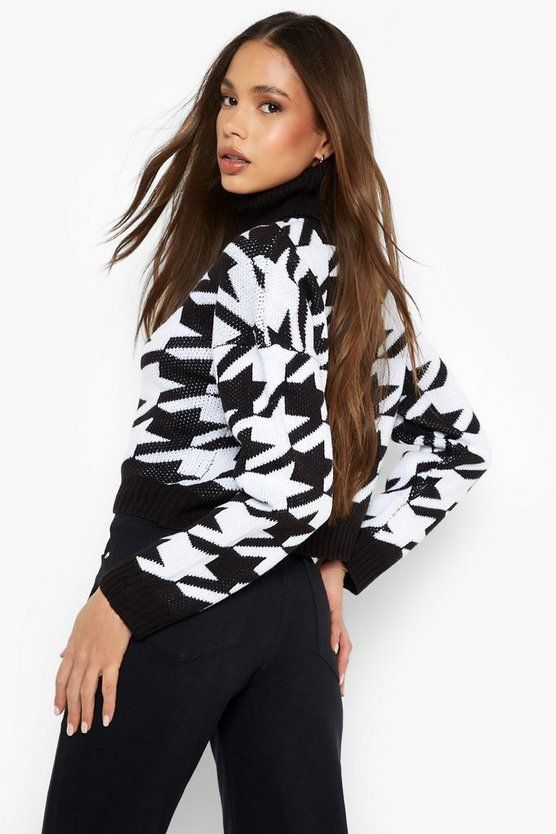 Dogtooth Roll Neck Cropped Jumper | Boohoo.com (US & CA)