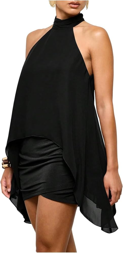 Verdusa Women's Halter Tank Tops Asymmetrical Sleeveless Dressy Casual Blouse Tunic Tops Loose Fi... | Amazon (US)