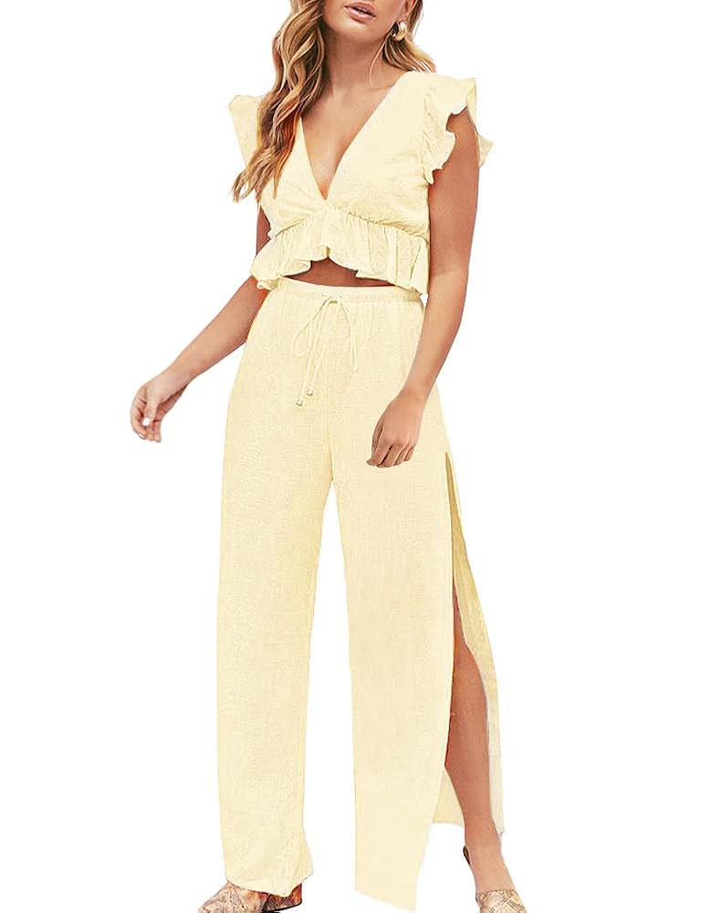 FANCYINN Womens 2 Pieces Outfits Deep V Neck Crop Top Side Slit Drawstring Wide Leg Pants Set Jum... | Amazon (US)
