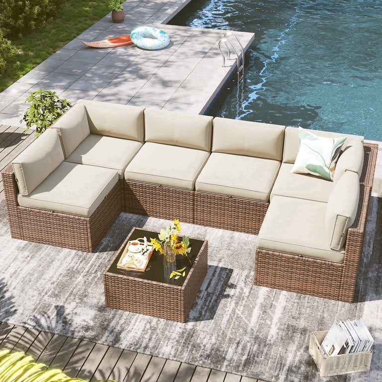 Clouddwell 7 Piece Outdoor Patio Furniture Set, Wicker Rattan Patio Sectional Sofa Sets, Beige | Walmart (US)