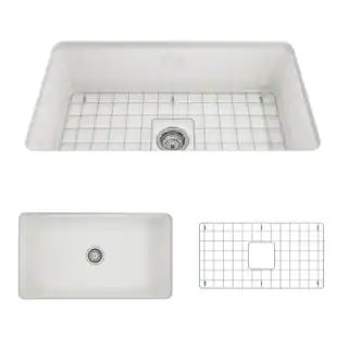 BOCCHI Sotto Undermount Fireclay 32 in. Single Bowl Kitchen Sink with Bottom Grid and Strainer in... | The Home Depot