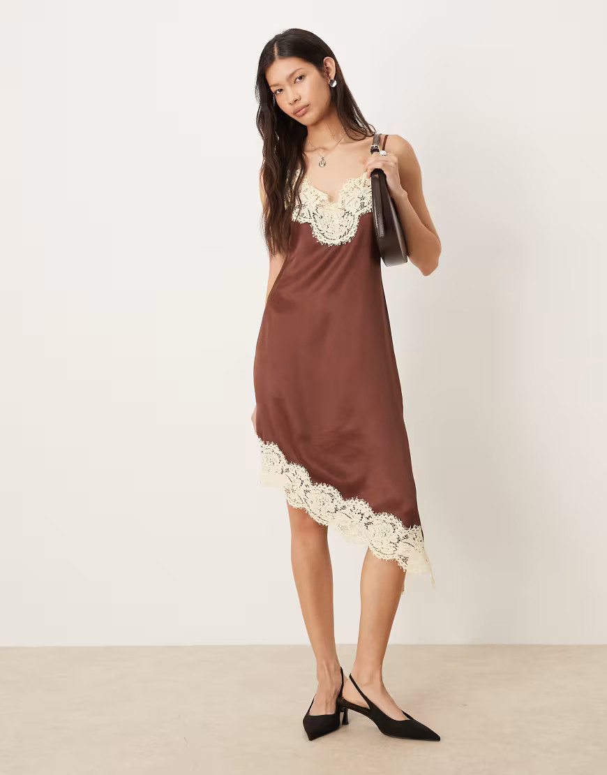 ASOS DESIGN brown lace bodice cami asymmetric satin mini dress in brown-Grey | ASOS (Global)