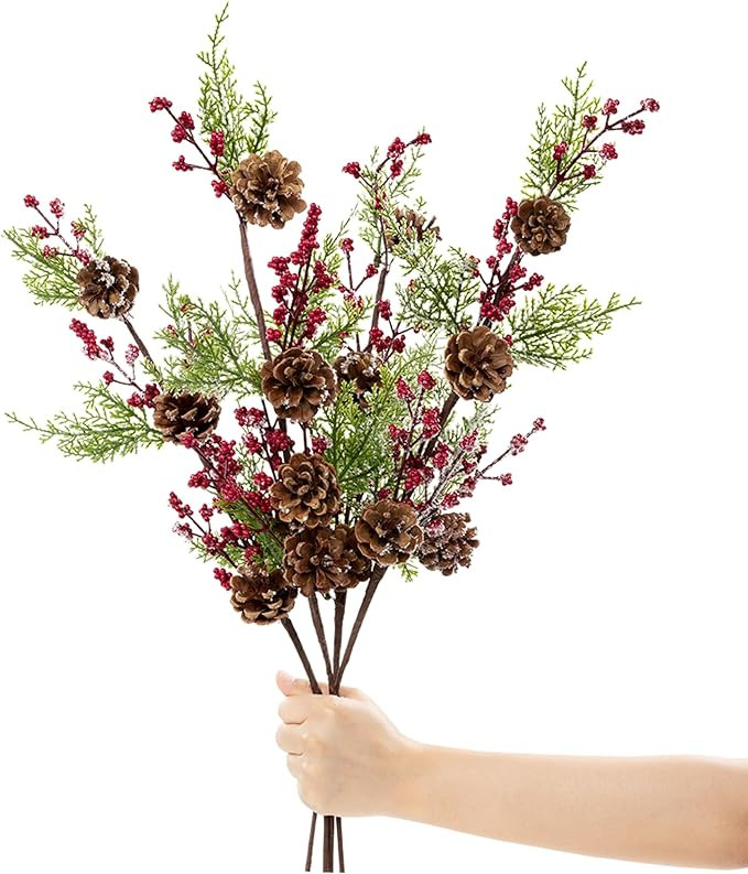 Topotdor 4 Pcs Christmas Frosted Red Berries Stems Floral Picks, 22 Inch Artificial Snow Covered ... | Amazon (US)