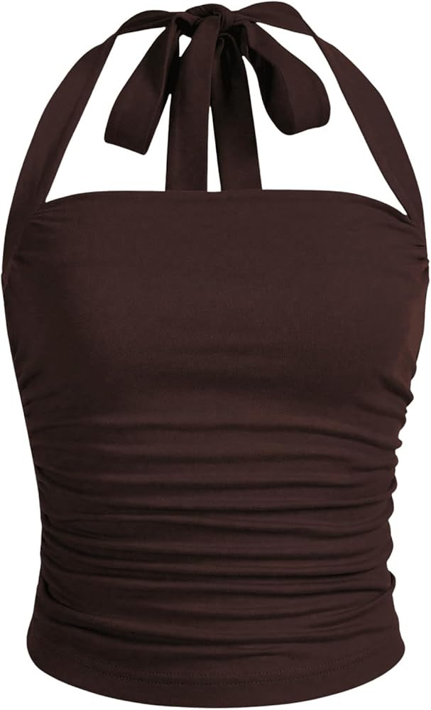 SOLY HUX Women's Ruched Halter Y2K Crop Tops Tie Back Sleeveless Slim Fit Cami Tops | Amazon (US)