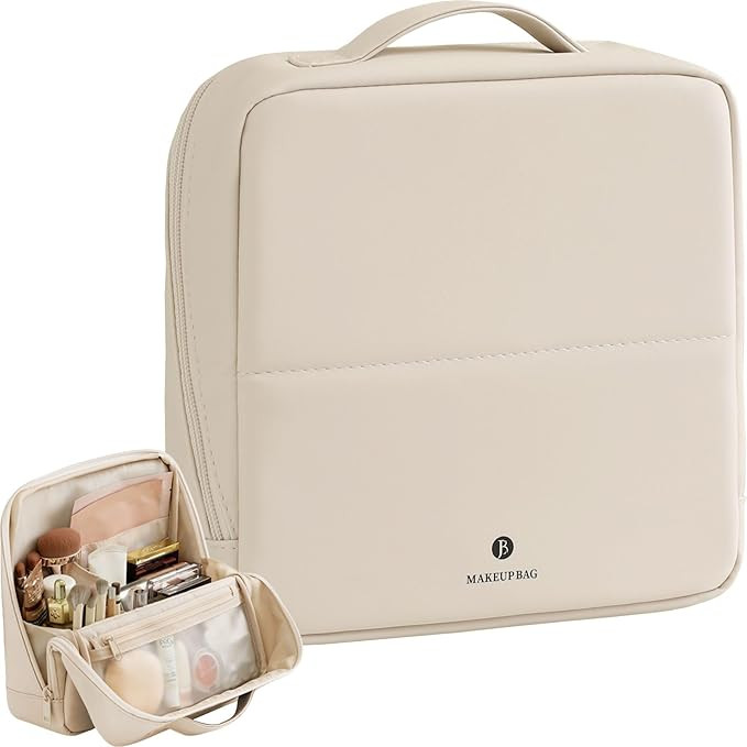 Travel Makeup Bag with Magnetic Fold-Down Flap, Waterproof Leather Cosmetic and Toiletry Organize... | Amazon (US)