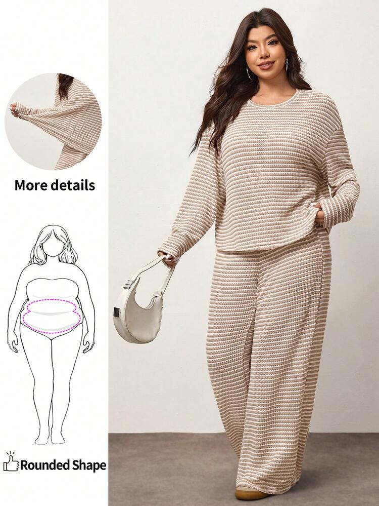 Enliva Plus Size Striped Long Sleeve Top And Pants Two Pieces Casual Vacation Set,Fall Clothes For Women, For Apple Rounded Body Shape | SHEIN