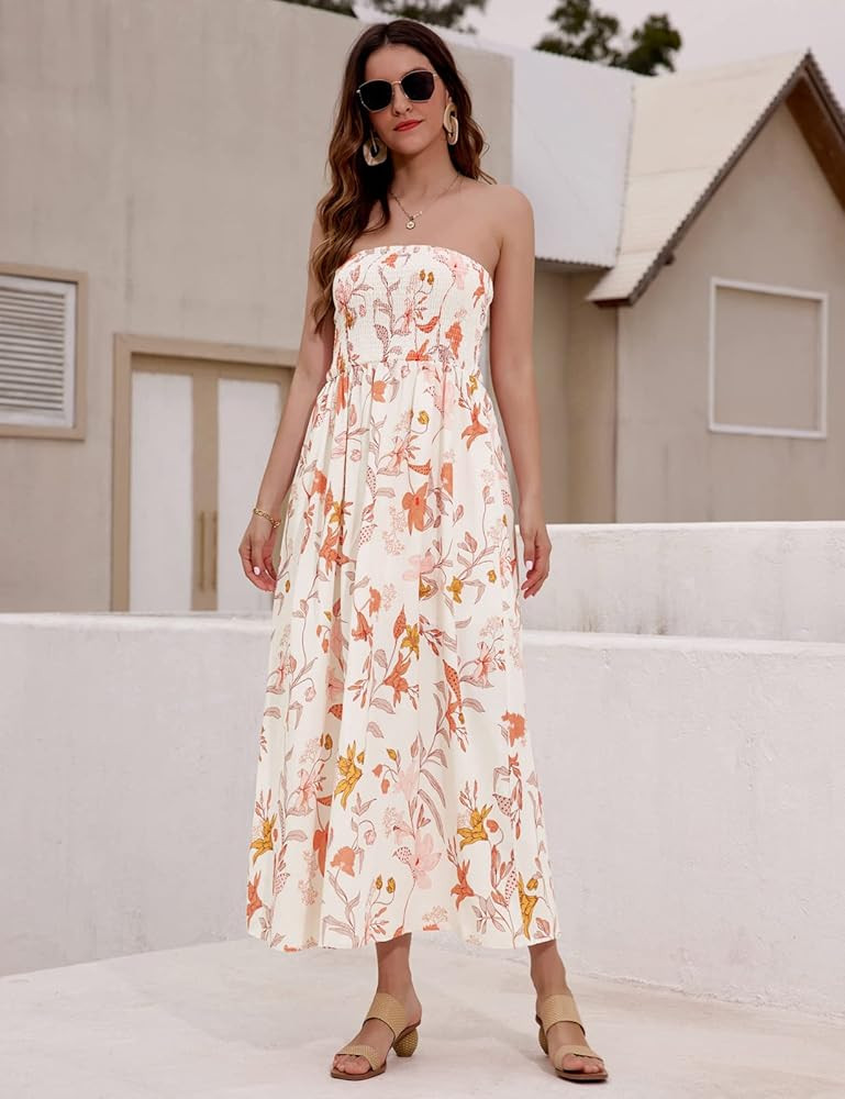 GRACE KARIN Women's Summer Strapless Smocked Boho Beach Maxi Dress with Pockets | Amazon (US)