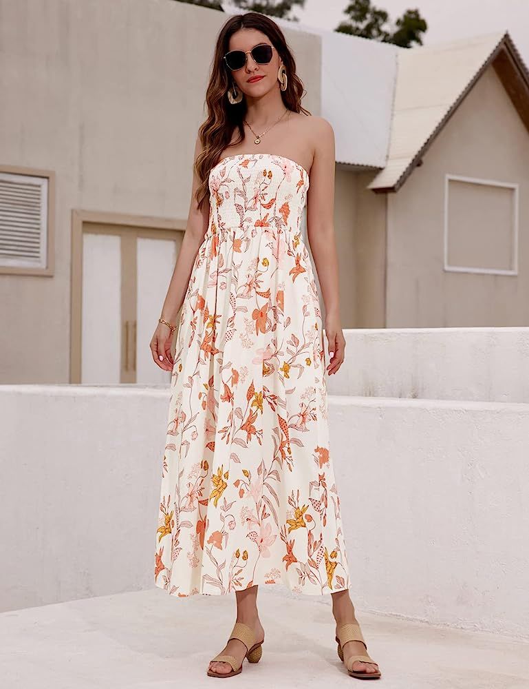 GRACE KARIN Women's Summer Strapless Smocked Boho Beach Maxi Dress with Pockets | Amazon (US)