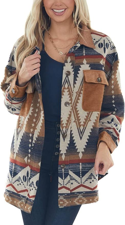 Heltapy Womens Aztec Shacket Jacket Loose Vintage Boho Wool Blend Coat Button Down Shirt Tops | Amazon (US)