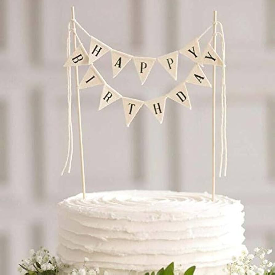 Happy Birthday Cake Bunting Topper Cake Topper Garland, Handmade Pennant Flags with Wood Pole Ivory  | Amazon (US)