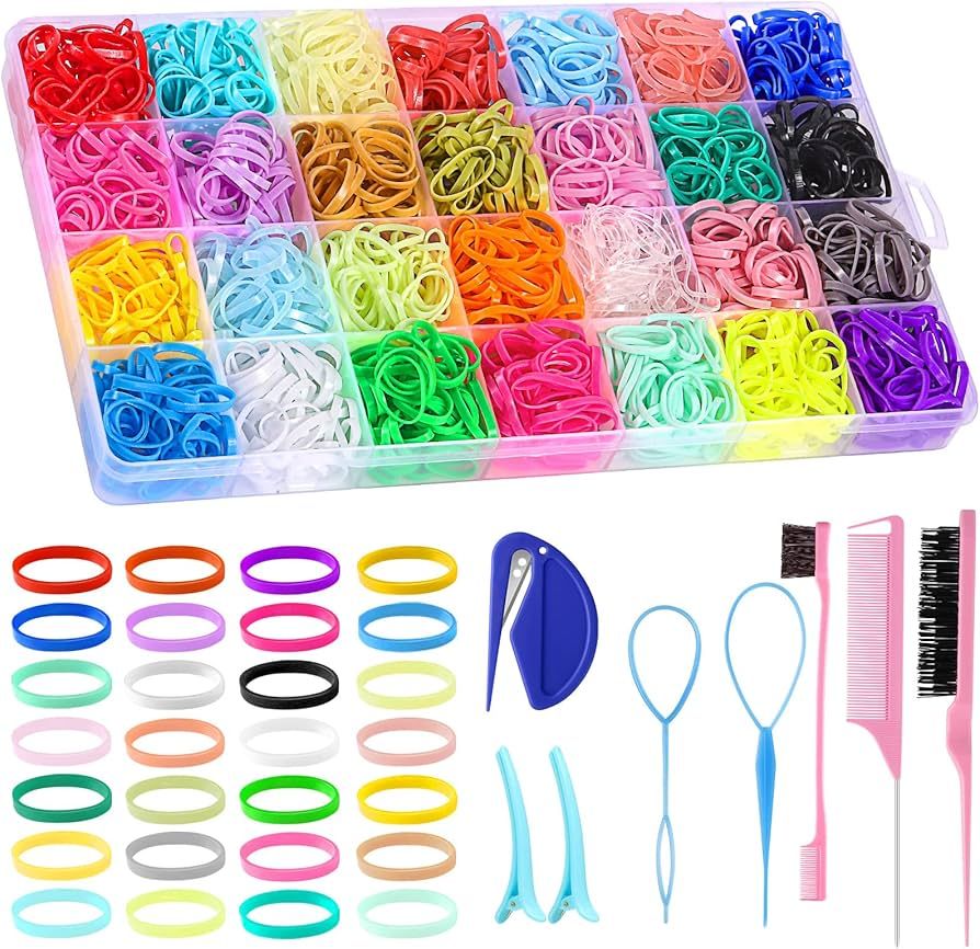 28 Colors Rubber Bands with 7 Hair Styling Tools, 2100 Pcs Colorful Elastic Ties Small Rubber Ban... | Amazon (US)