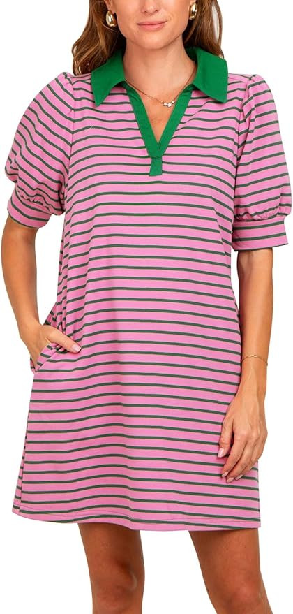 Yousify Women's Summer Lapel Collared V Neck Striped Dress Casual Puff Short Sleeve Polo Tshirt D... | Amazon (US)