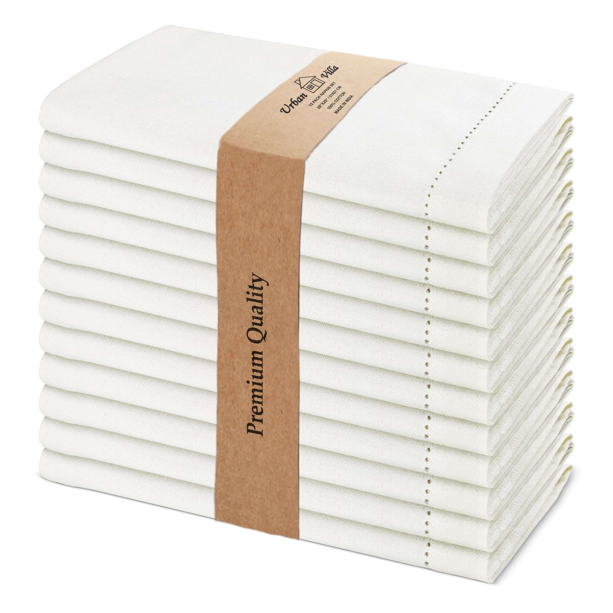 Urban Villa Cloth Napkins Ivory Hemstitch Dinner Napkins Set of 12 (20X20)100% Cotton Absorbent W... | Amazon (US)