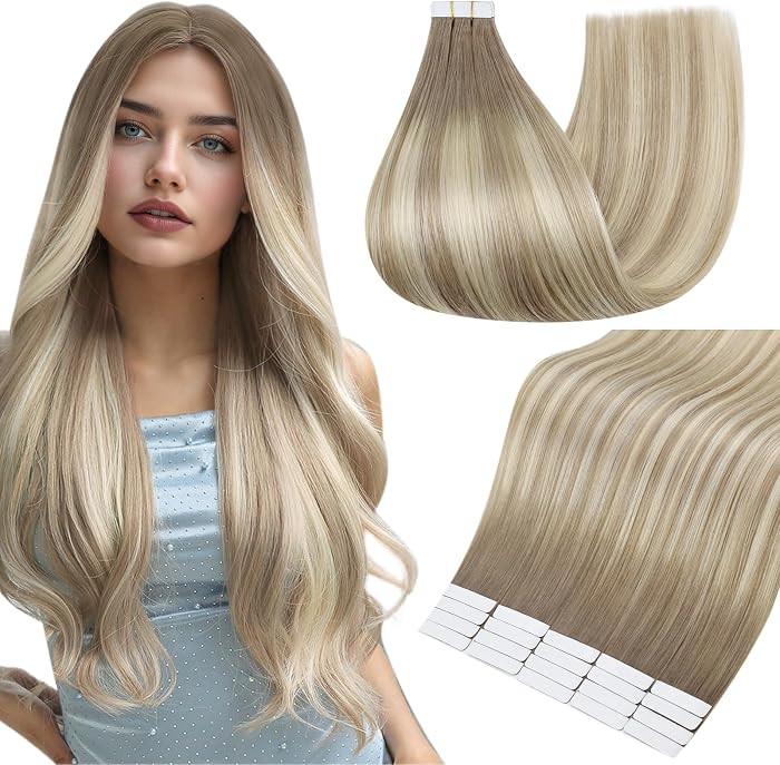 Full Shine Human Hair Tape in Extensions, Ash Brown Platinum Blonde 16 Inch | Amazon (US)