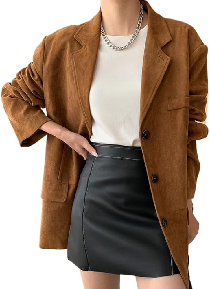 Preppy Suede Jackets for Women Dressy Coquette Casual Button Down Blazers Long Oversized Jacket F... | Amazon (US)
