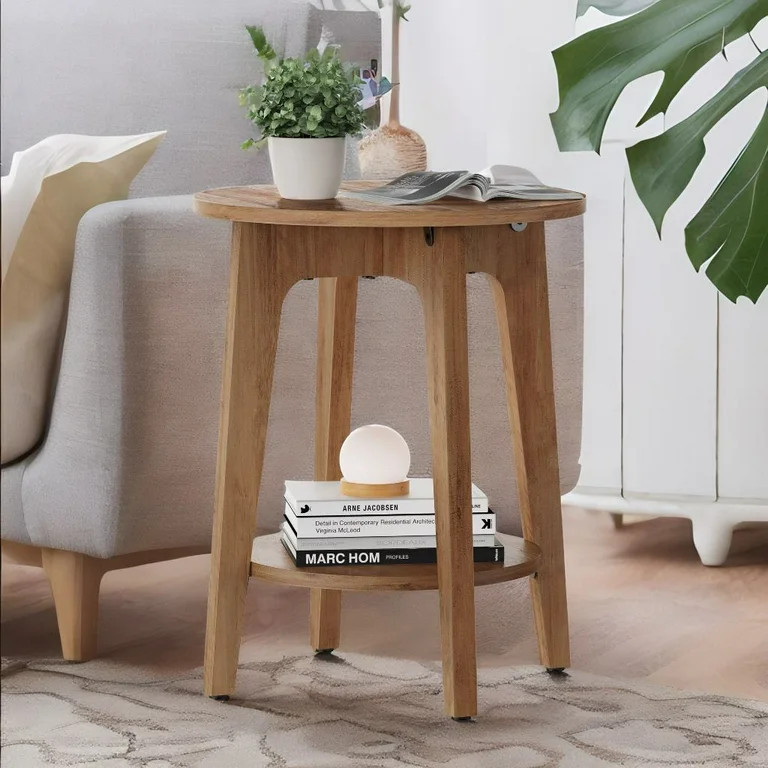 Round Side Table with Lower Shelf End Table for Small Spaces Nightstand Rustic Walnut - Walmart.c... | Walmart (US)