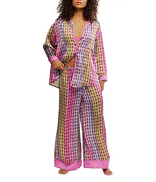 Free People Dreamy Days Allover Geo Striped Print Satin Notch Collar Long Sleeve Wide Leg Oversized Pajama Set - L | Dillard's