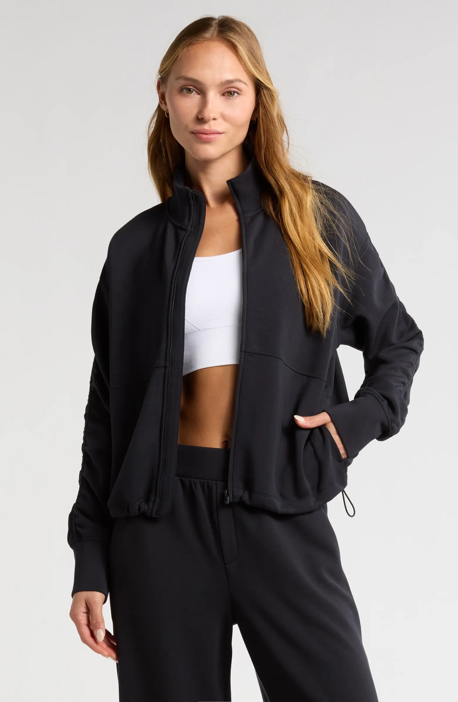 Ultrasoft Ruched Sleeve Front Zip Jacket | Nordstrom