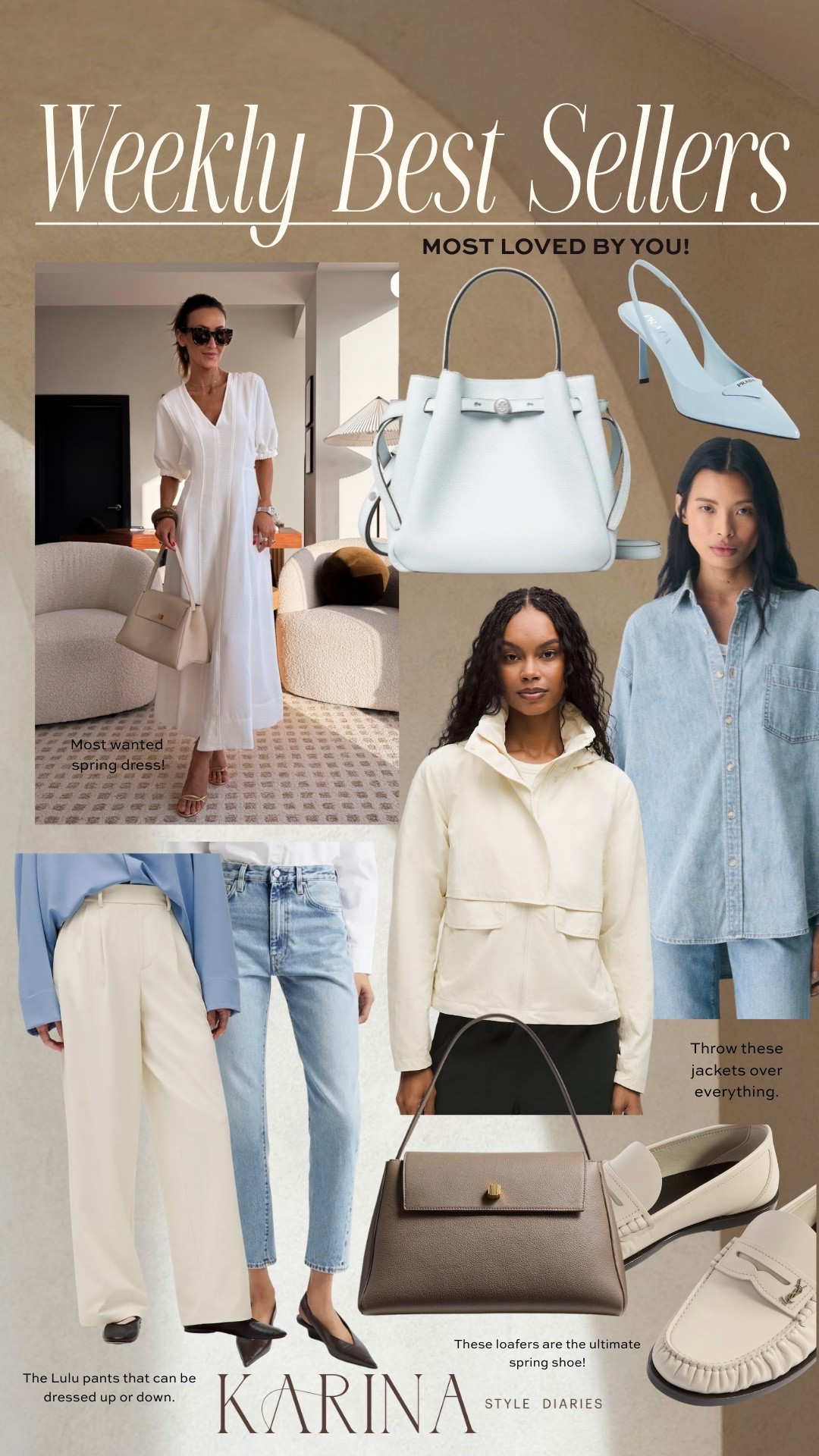 Weekly best sellers are here!! 🤍 lululemon jacke and pleated trouser, Toteme jeans, denim shirt and blue Prada shoes, pebble leather blue tote. Zara white dress 

#LTKOver40 #LTKSeasonal #LTKootd