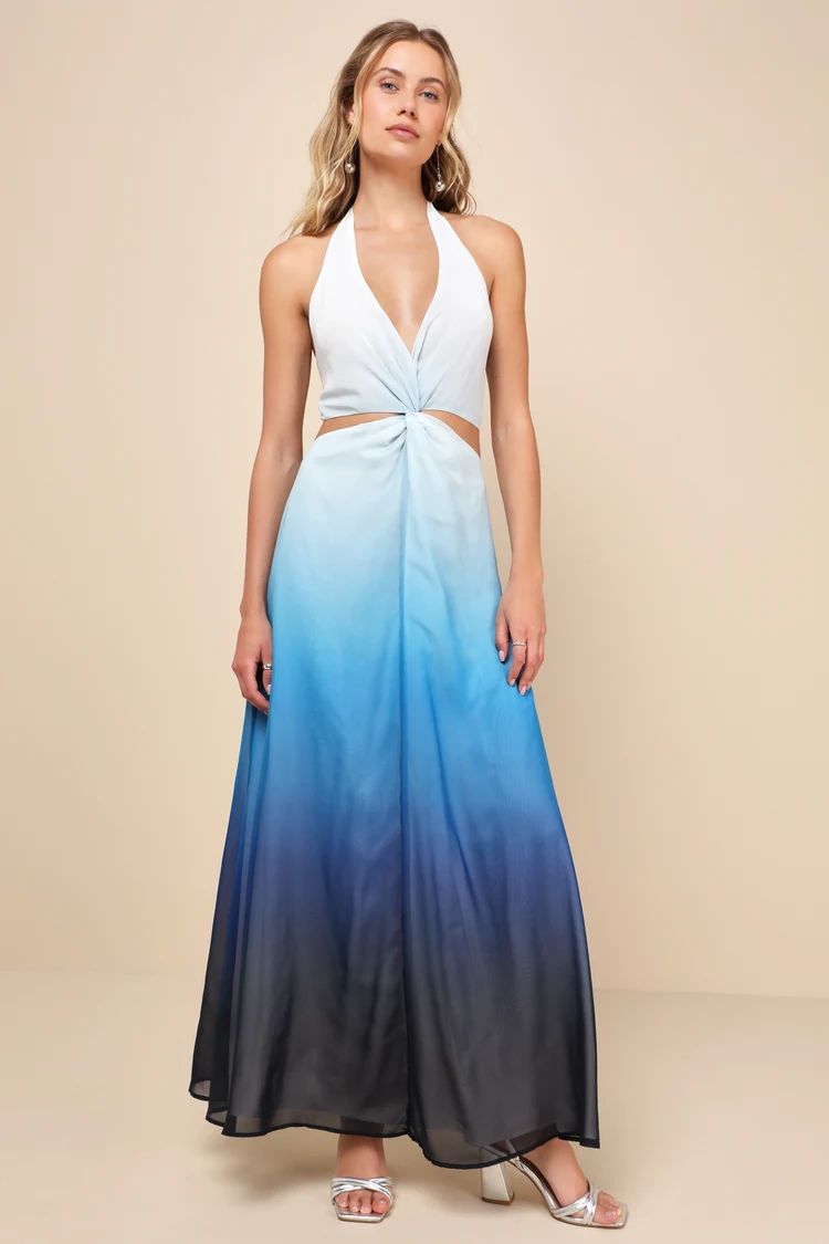 Exceptional Choice Blue Ombre Twist-Front Halter Maxi Dress | Lulus