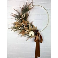 Fall White Pumpkin Hoop Wreath, Modern Asymmetrical Wreath, Autumn Berry Wreath, Pinecone Wreath, Neutral Leaves Door Decor | Etsy (US)