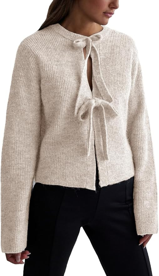 Women's Cropped Ribbed Knit Cardigan Long Sleeve Bow Tie Front Open Front Knitwear Tops | Amazon (US)