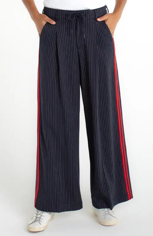 Liverpool Los Angeles Pinstripe & Side Stripe Pleated Drawstring Pants in Dp Mdnite Strp at Nordstrom, Size 14 | Nordstrom