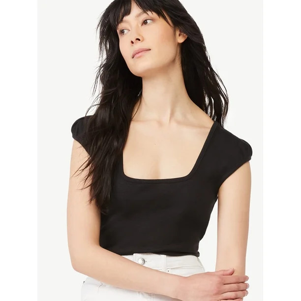 Free Assembly Women's Square Neck Bodysuit with Cap Sleeves | Walmart (US)