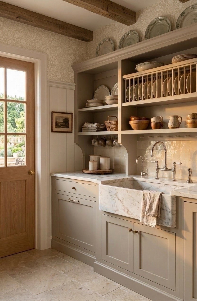 An English cottage dream—where open shelving meets a charming hutch, lined with delicate plate dividers and layers of collected, well-loved pieces. 

#englishcottage #cottagekitchen #collectedhome #vintagestyle #cozykitchen
