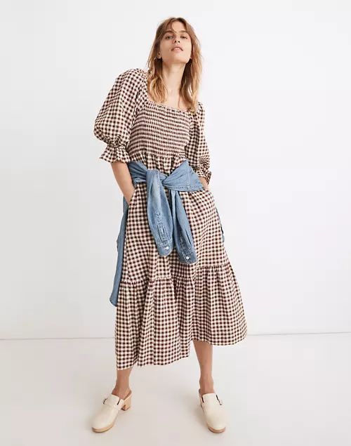 Lucie Elbow-Sleeve Smocked Midi Dress in Gingham | Madewell