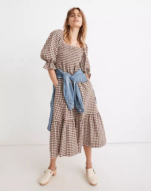 Petite Lucie Elbow-Sleeve Smocked Midi Dress in Gingham | Madewell