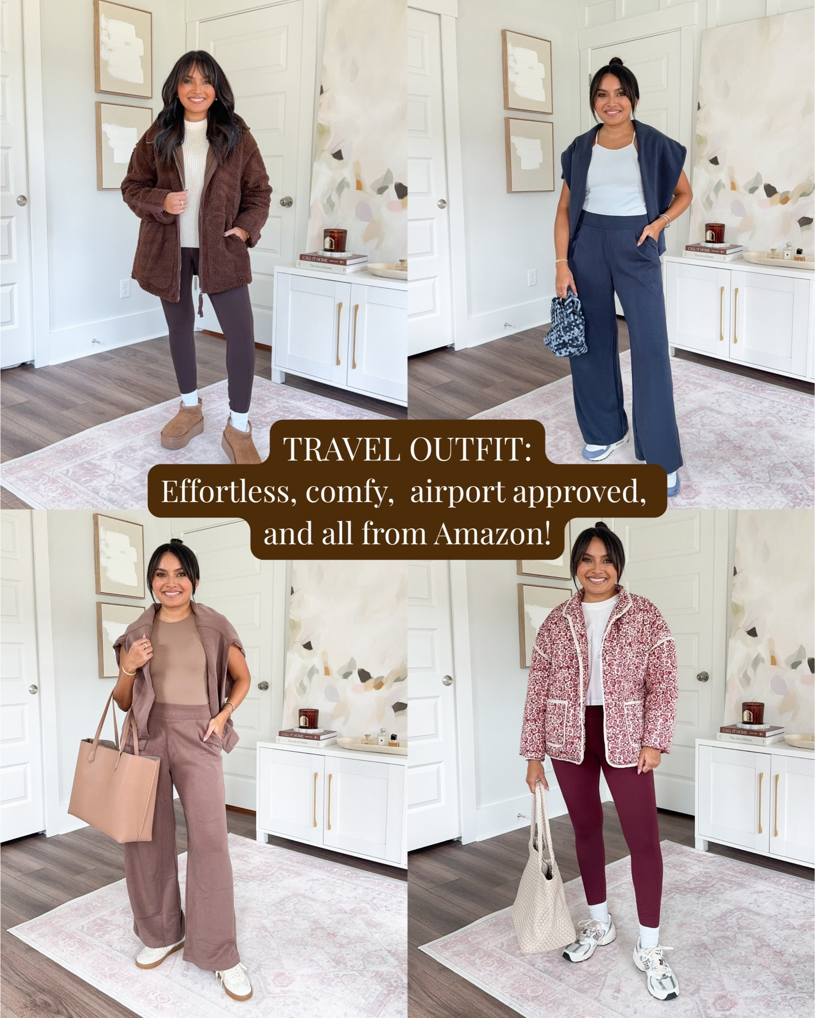 Amazon Travel Outfits - Petite Friendly!
For reference: I’m 5’0, 32b bra size, and 2/26 in bottoms, pear shaped. 
*Everything I share is unaltered! TTS means true to size.

Deep brown sherpa jacket small TTS
Ivory sweater size xs TTS
Sequoia brown leggings size 6 25” - I size up two sizes for a comfortable waistband
Ugg platform boots size 5 TTS



Tan pullover in color nutria size small but would prefer size xs
Bodysuit in color latte size xs TTS
Tan wide leg pants in color nutria size xs, 27” inseam TTS
Sneakers size 6 TTS



Floral quilted jacket (color is red online) size small - i sized up a size for a roomy fit but an xs would be less roomy
White tee - old, similar linked
Burgundy leggings in color merlot size small in 25” inseam TTS
Sneakers size 6.5 TTS

Navy cropped sweatshirt size small TTS
White ribbed tank size small TTS
Navy wide leg pants in color navy size xs, 27” inseam TTS
Sneakers size 6.5 TTS

Travel outfits
Airport outfit
petite-friendly
car rides 
airport days
Spanx AirEssentials dupe
Athleisure
 monochromatic look
leggings 
wide-leg pants
Amazon travel outfits, petite travel outfits, petite airport outfits, petite-friendly Amazon finds, comfortable travel outfits for petites, Amazon athleisure sets, Spanx Air Essentials Amazon dupe, Amazon leggings petite, petite wide-leg pants Amazon, monochrome travel outfit petite, best Amazon outfits for travel days
Fall outfits 
Petite friendly
Petite friendly
autumn
Rachel Miranda Blog
Honeysweetpetite
Honey Sweet Petite


Comment SHOP below to receive a DM with the link to this post on my LTK ⬇ https://liketk.it/5m0Oc #ltkstyletip #ltkpetite #ltktravel

#LTKStyleTip #LTKHoliday #LTKFindsUnder50