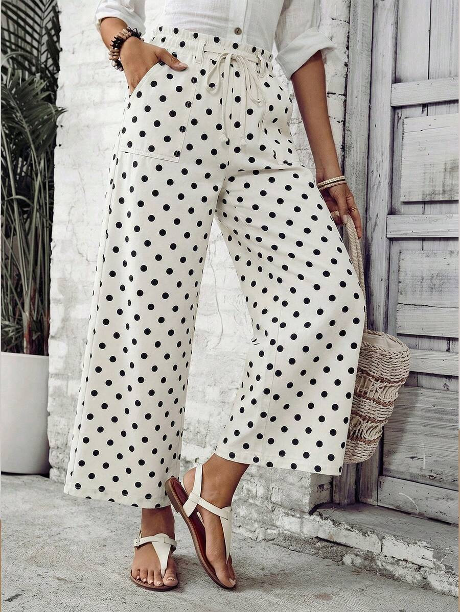 EMERY ROSE Polka Dot Print Tie-Front Casual Versatile Jeans With Slant Pockets | SHEIN