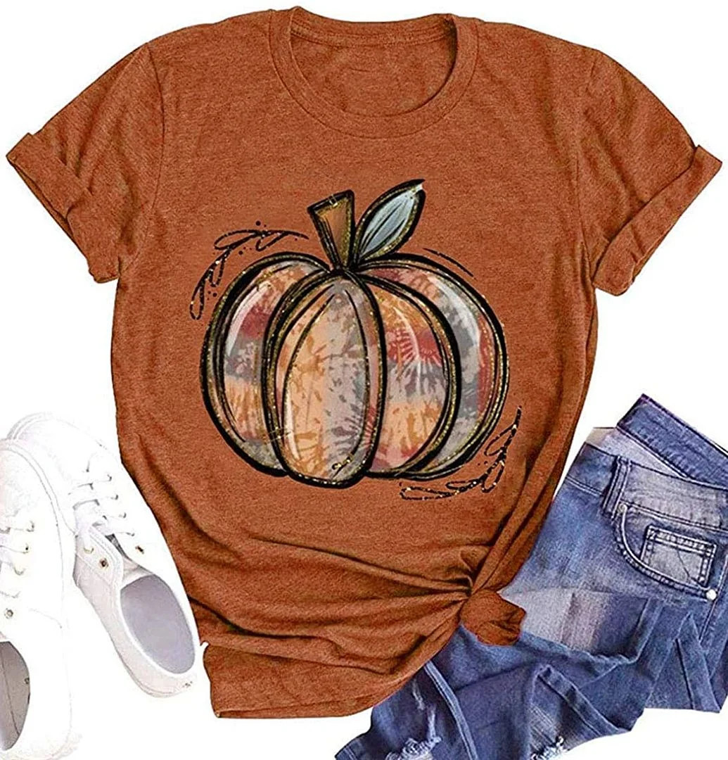 Womens Funny Leopard Pumpkin Shirts Short Sleeve Halloween Thanksgiving Fall T-Shirts Graphic Tee... | Walmart (US)