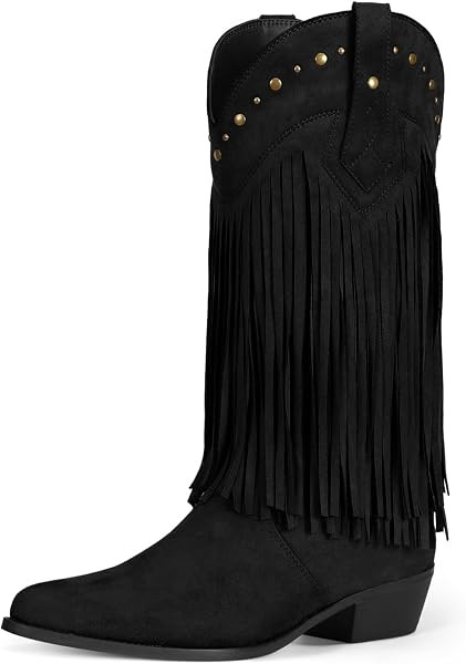 Coutgo Fringe Cowboy Boots for Women Mid Calf Chunky Heel Western Boots | Amazon (US)