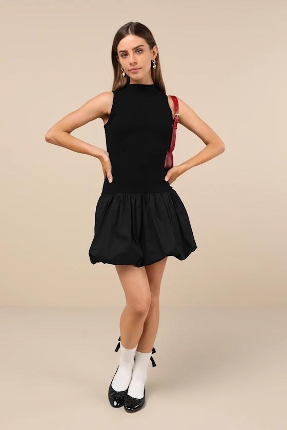 Ensured Elevation Black Ribbed Mock Neck Bubble-Hem Mini Dress | Lulus