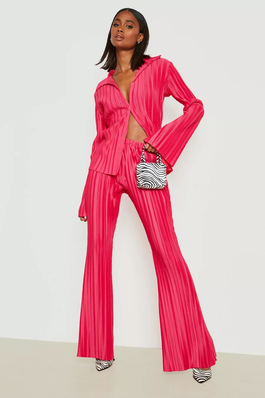 Flared Plisse Trousers | Boohoo.com (US & CA)