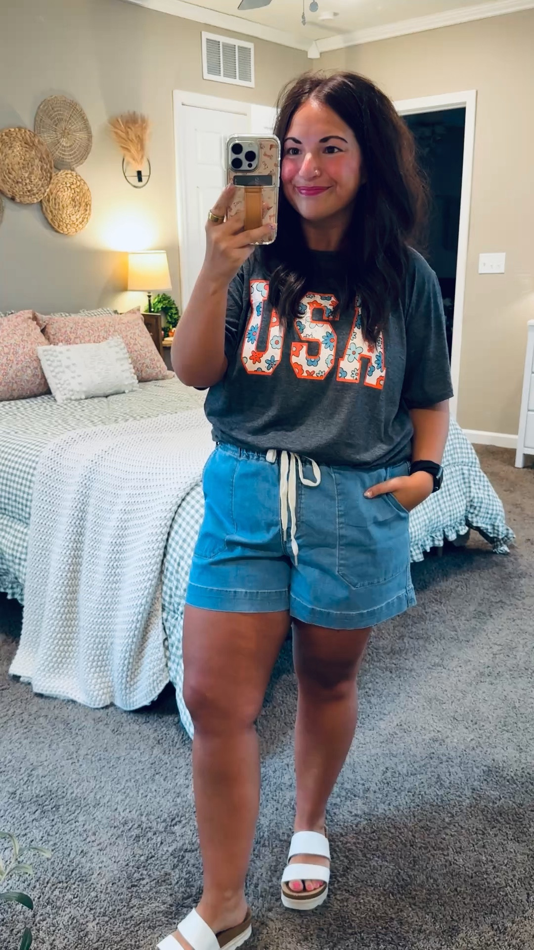 Patriotic with a feminine twist ❤️🤍💙 This floral USA tee is such a fun way to celebrate summer while keeping things cute and casual!

sandals: fit true to size // wearing a 5
shorts: fit small // wearing an XL
tee: fits true to size // wearing a large 

 #LTKootd #LTKMidsize