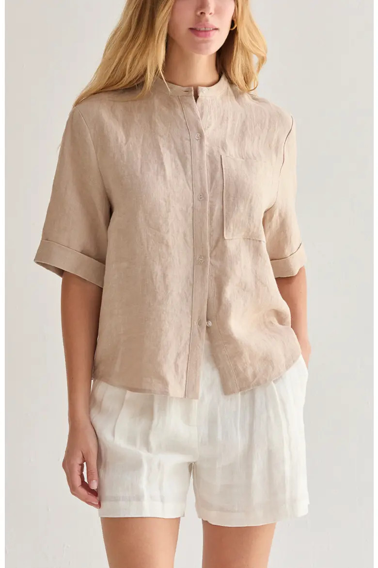 Mandarin Collar Button Up Linen Top (Women) | Nordstrom | Nordstrom