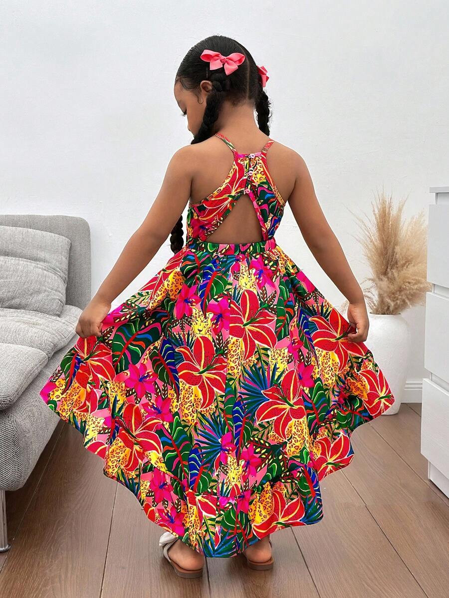 Young Girl Elegant Minimalist Halter Floral Print Sleeveless Dress | SHEIN