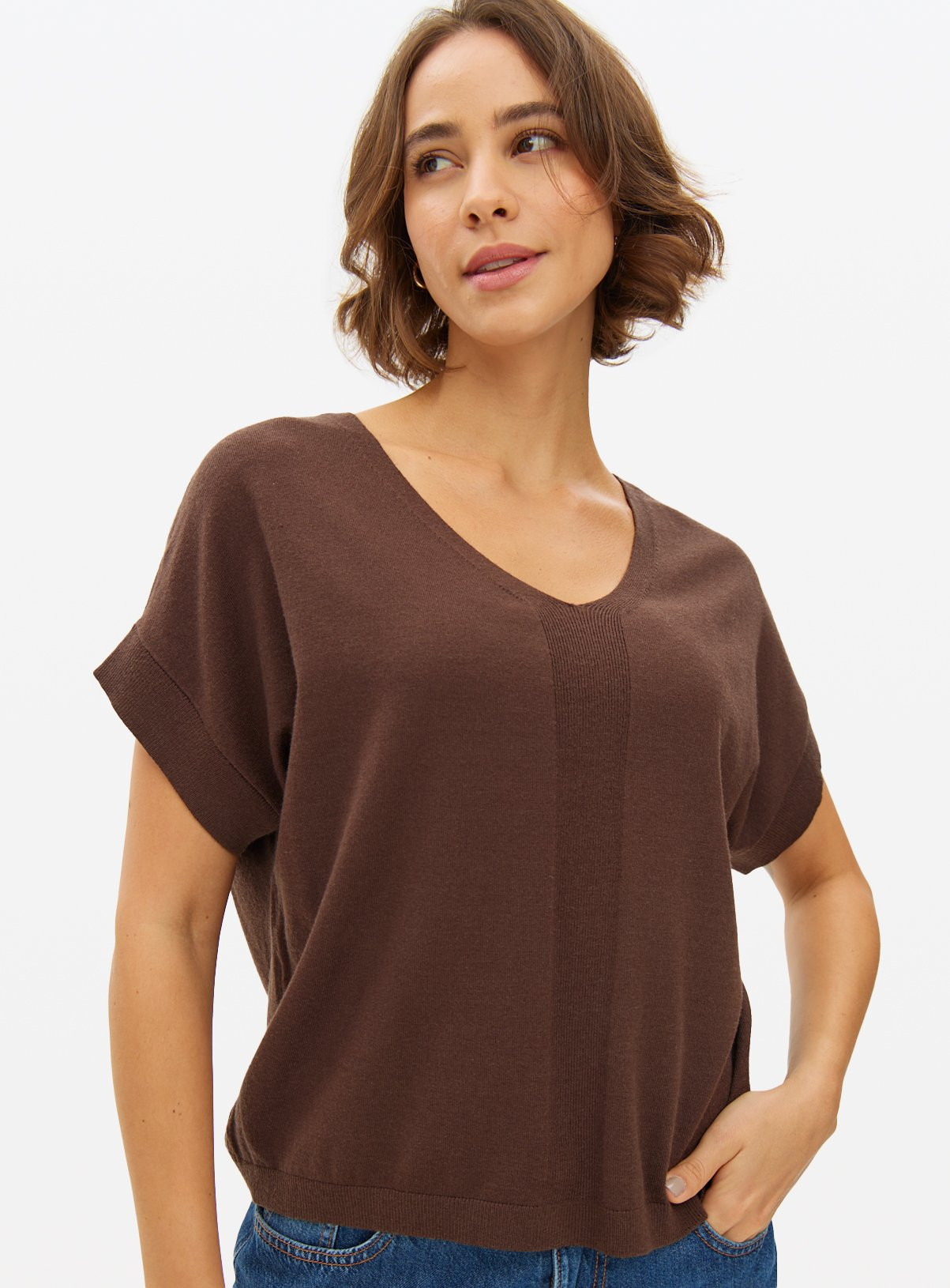 Brown Soft Touch V Neck T-Shirt | Tu Clothing