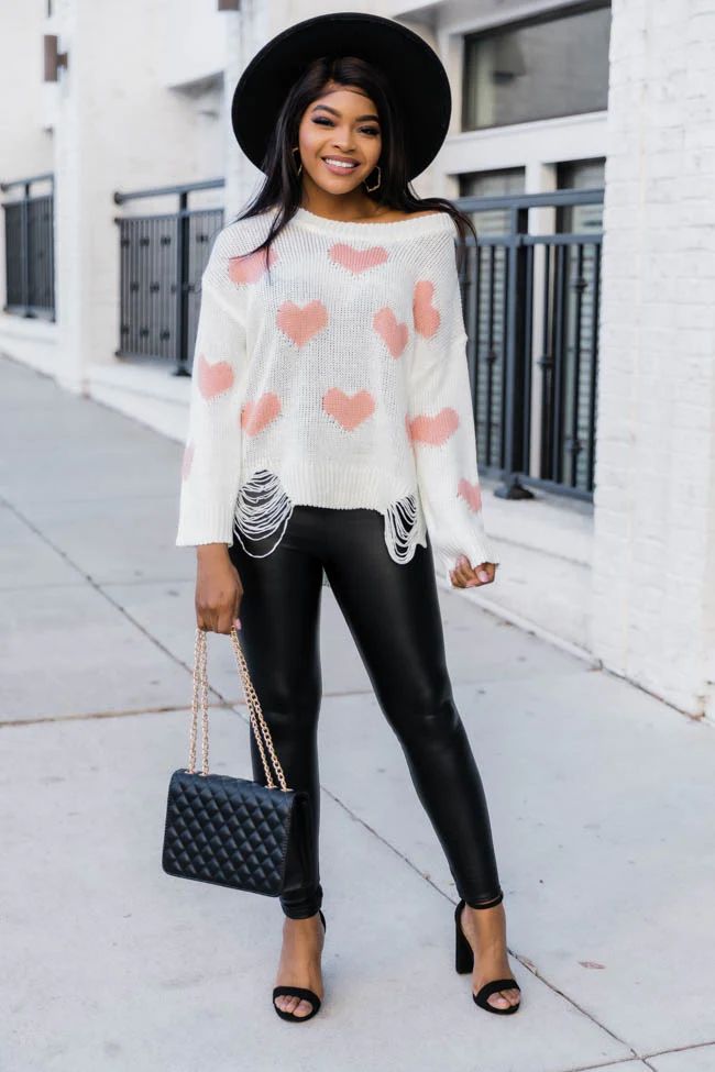 Simply Sweet Distressed Heart Ivory Sweater | The Pink Lily Boutique