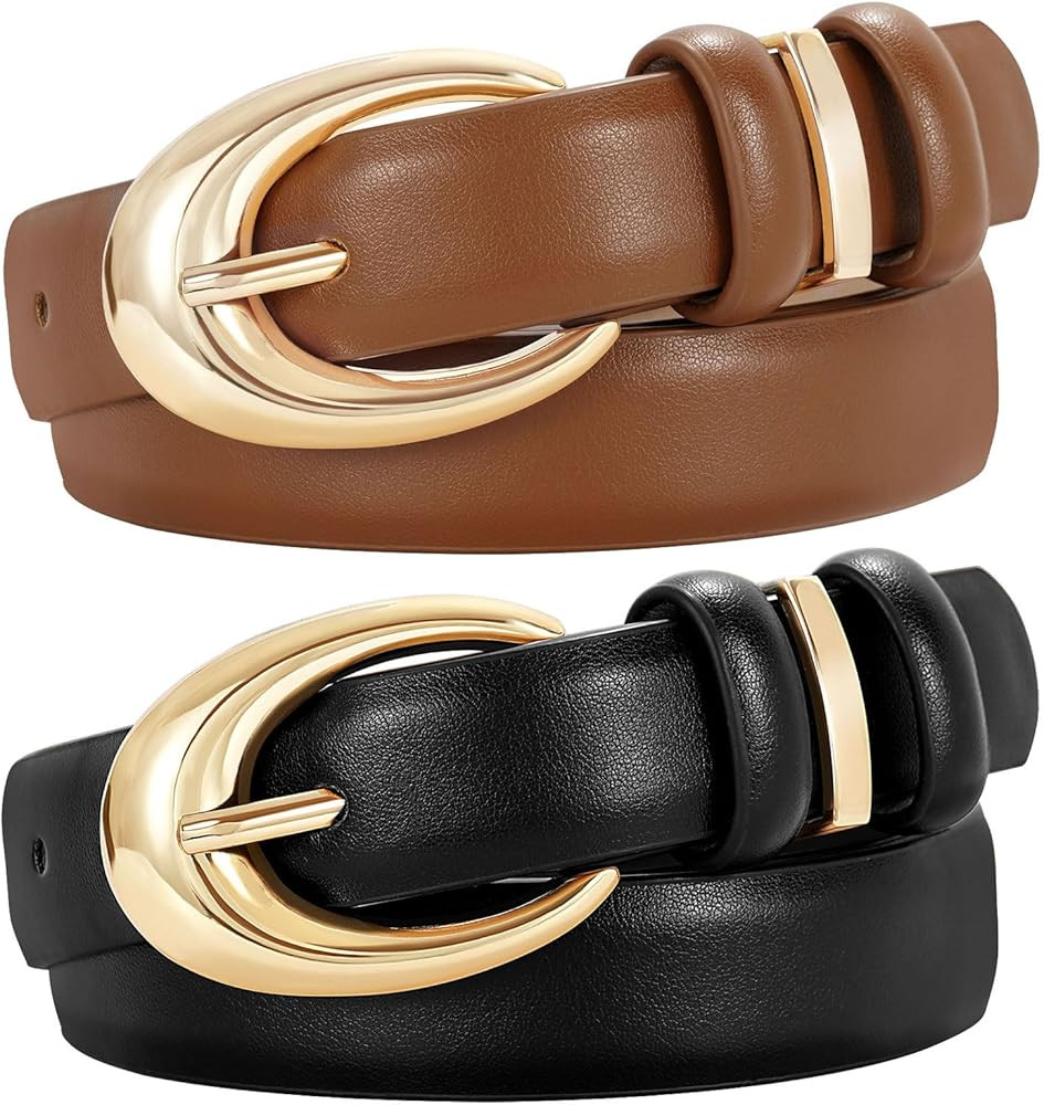 2 Pack Women Leather Belt for Jeans Pants Fashion Ladies Skinny Faux Leather Belt with Gold Buckl... | Amazon (US)