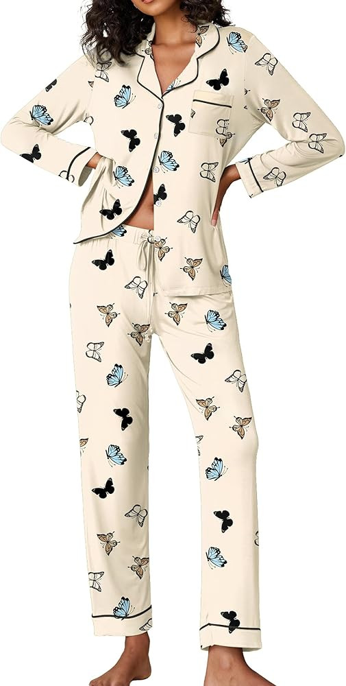Ekouaer Pajamas Women's Long Sleeve Sleepwear Soft Button Down Loungewear Pjs Lounge Set Nightwea... | Amazon (US)