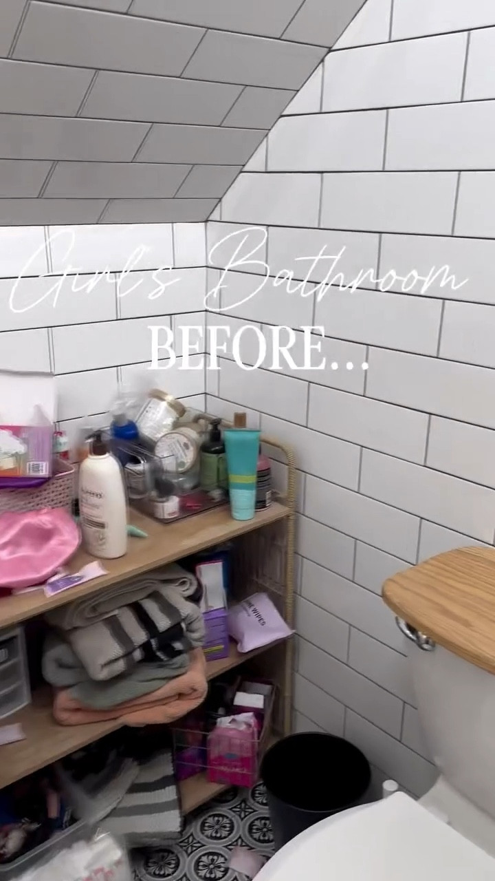 And the final result from the girls bathroom clean out/organizing project! This little bathroom actually used to be a closet and we transformed it into a 3/4 bath because Hello! We have 5 girls 😜 it’s small and has funky ceilings but has been SO nice to have! I have tried to make the best use of the space and now that it’s organized, it’s very functional! #bathroom #organization #declutter #cleanout #girlsbathroom #asmr #satisfying #fyp #momlife #teengirls #sahm #organizationideas #cleaningmotivation