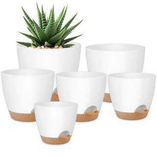 8/7/6.5/6/5.5/5 Inch Self-Watering Plant Pots with Saucers, Set of 6 Plastic Planters with Drainage in White | The Home Depot