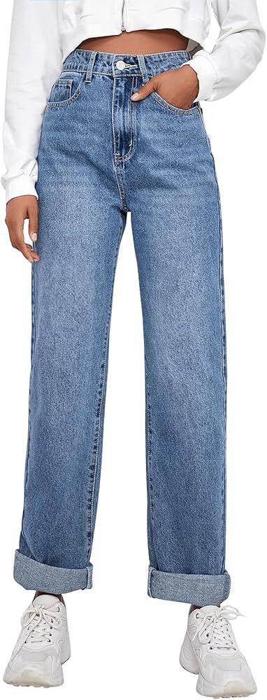 SweatyRocks Women's Casual Boyfriend Jeans High Rise Denim Pants with Pocket Pure Blue S | Amazon (US)
